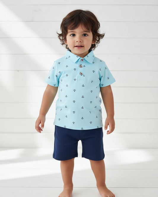 Aqua Blue Boy's Polo Short Sleeve Anchor Shirt, Back to School