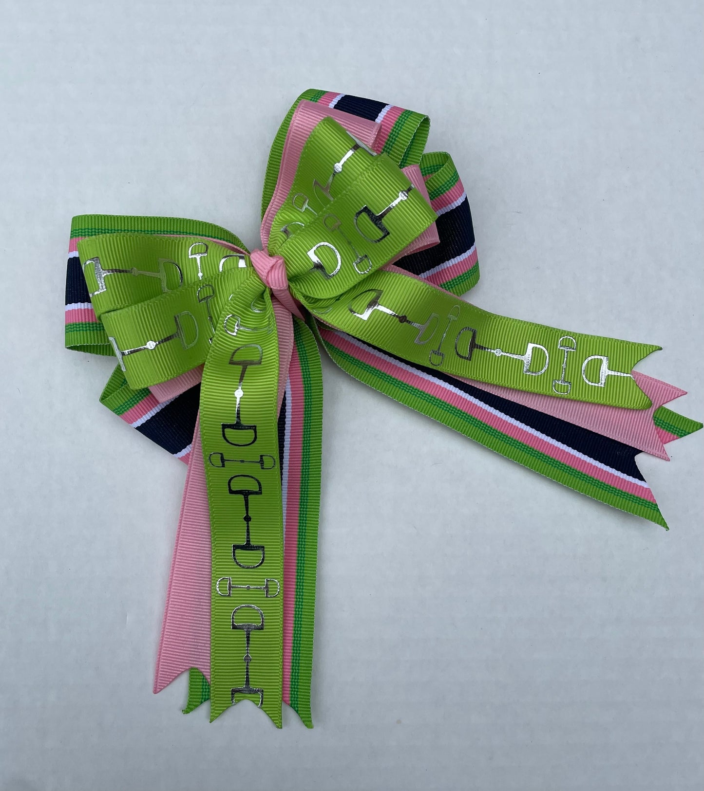 Equestrian Hair Bow, Tails, Horse Show, Navy, Green & Pink