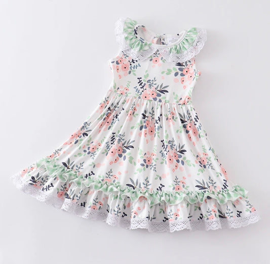 Mint Green & Peach Floral Twirl Dress, Milk Silk