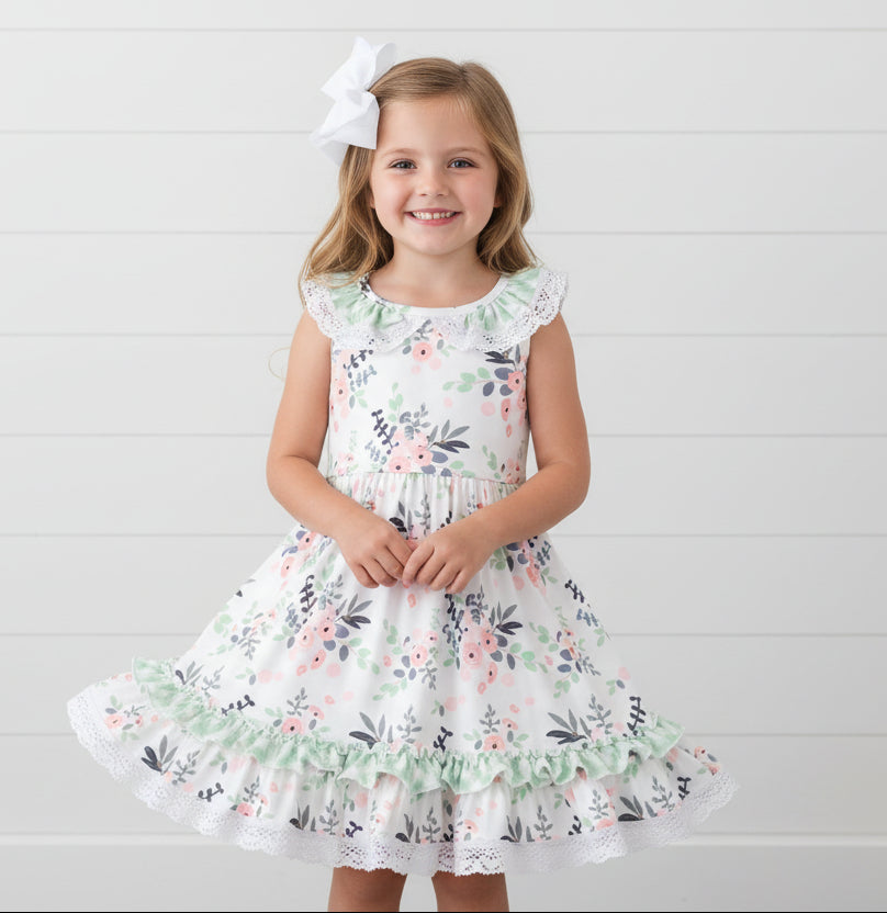 Mint Green & Peach Floral Twirl Dress, Milk Silk, girls, Spring