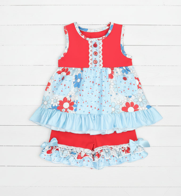 Red & Blue Floral Ruffle Short Set, outfit, girl, kids / CLEARANCE