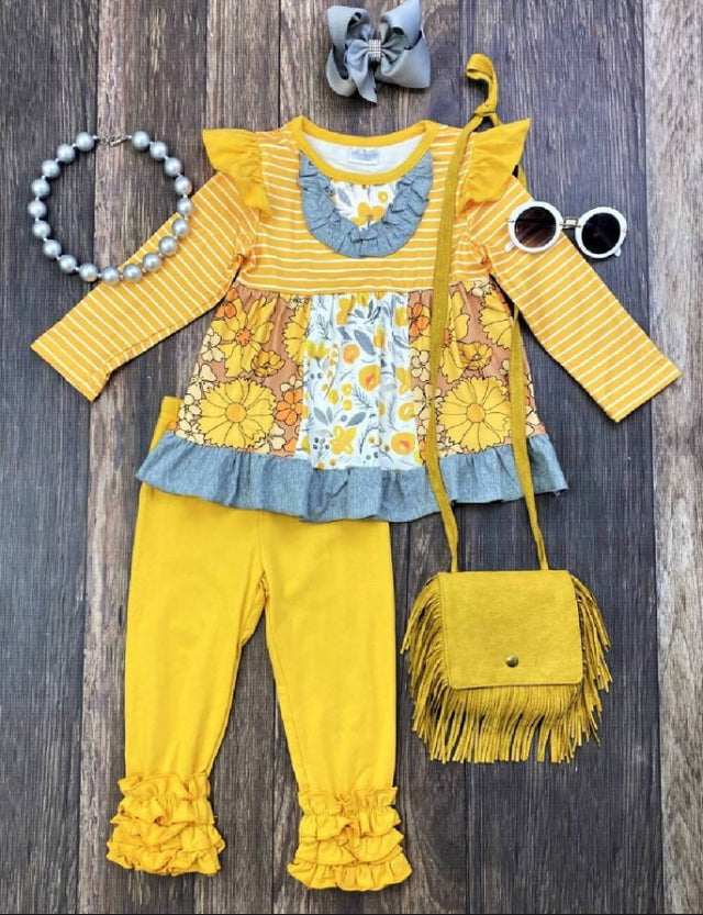 Yellow & Gray Floral Ruffle Pant Set, girl's, outfit, kids