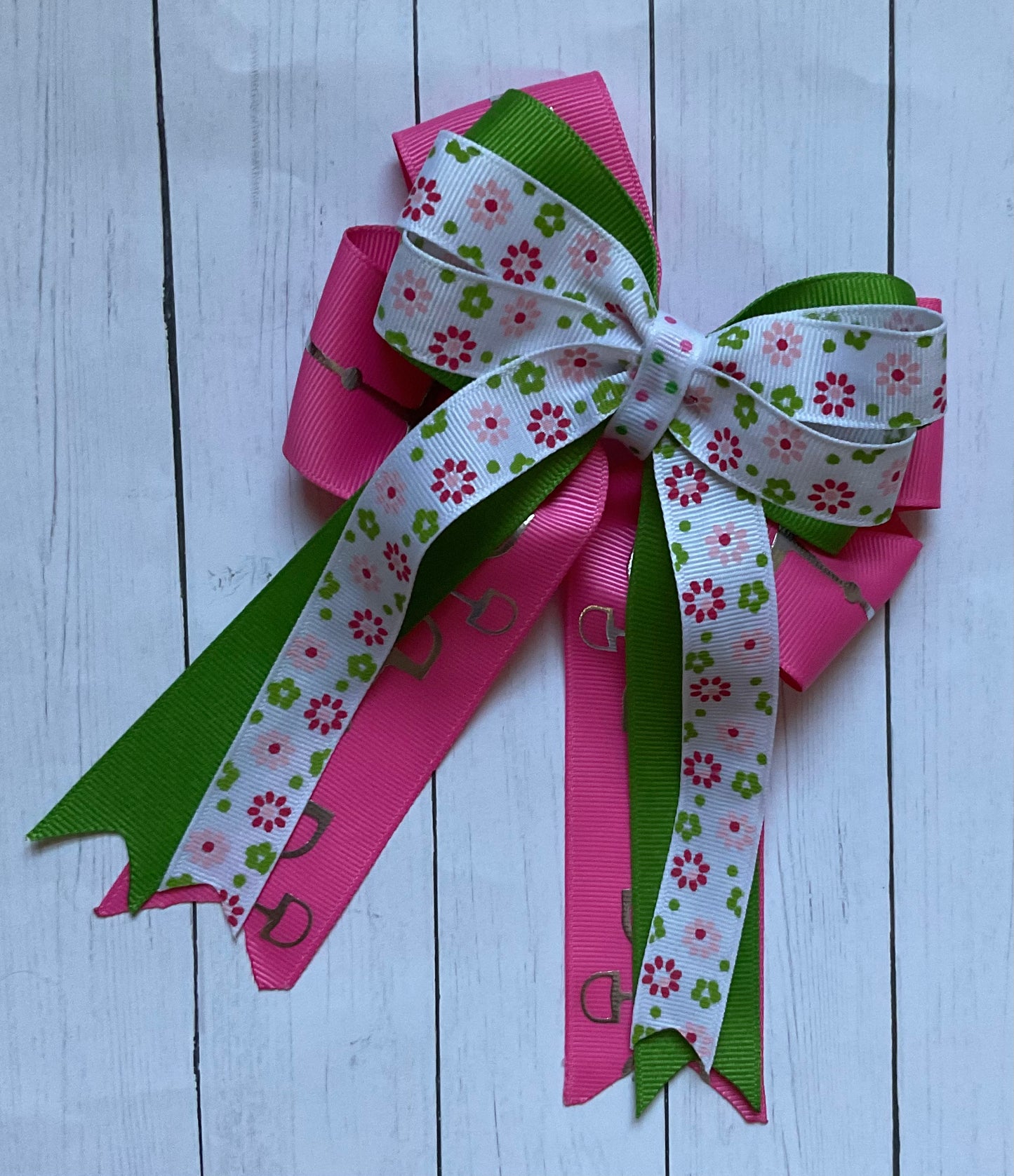 Equestrian Hair Bow, Tails, Horse Show, Pink, Green