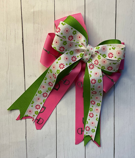 Equestrian Hair Bow, Tails, Horse Show, Pink, Green