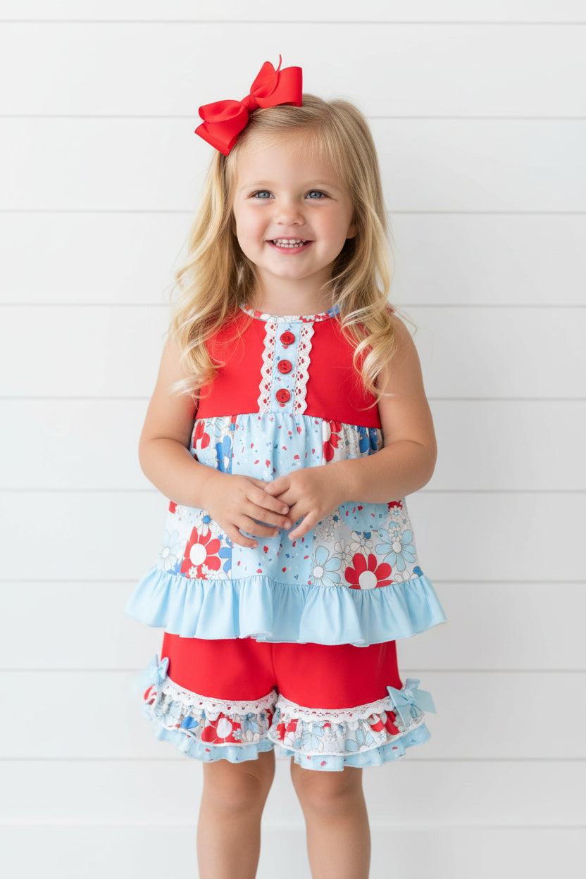 Red & Blue Floral Ruffle Short Set, outfit, girl, kids / CLEARANCE