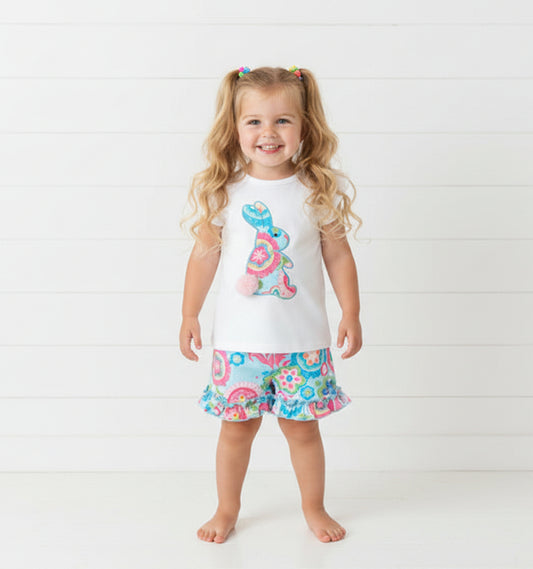 Boutique Floral & Bunny Ruffle Short Set, Easter, Spring, outfit, kids, set
