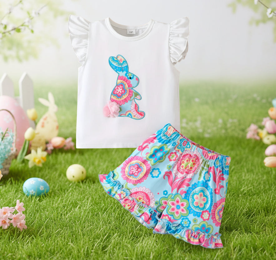 Boutique Floral & Bunny Ruffle Short Set, Easter, Spring, outfit, kids, set
