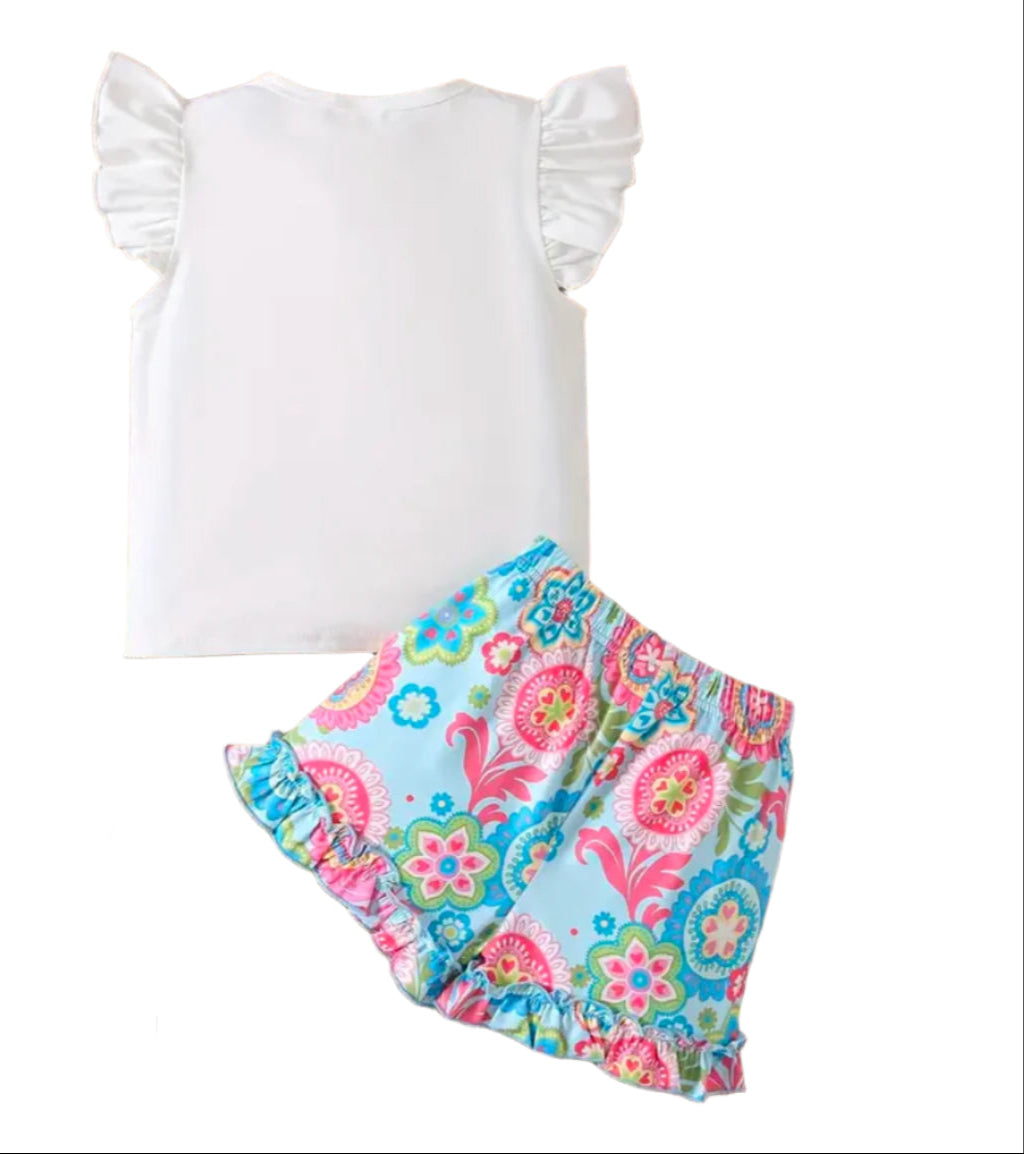 Boutique Floral & Bunny Ruffle Short Set, Easter, Spring, outfit, kids, set