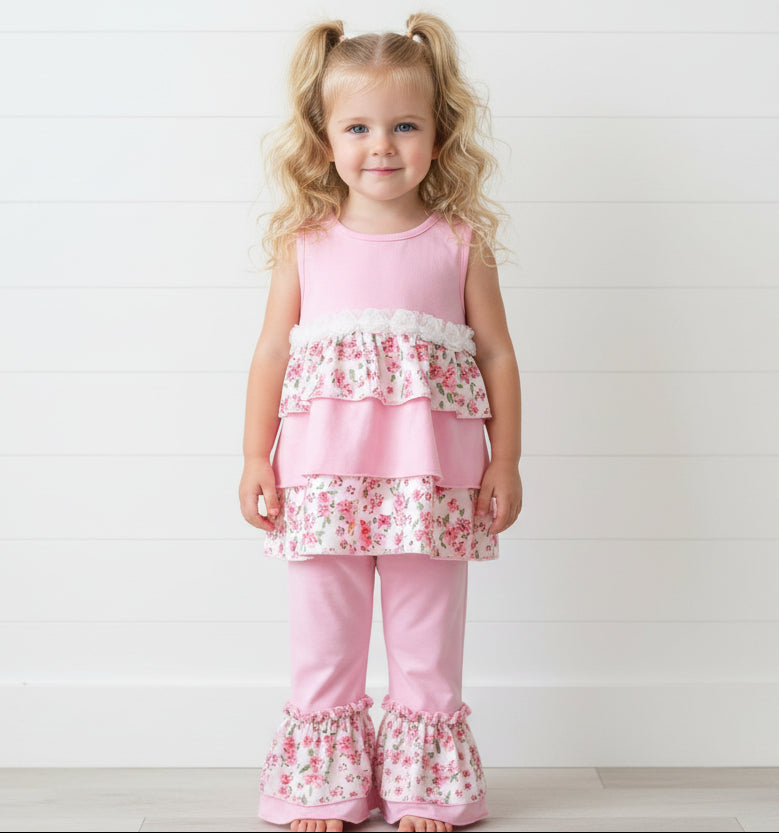 Boutique Pink Ruffle Flower Outfit, girl, set, kids , shabby chic