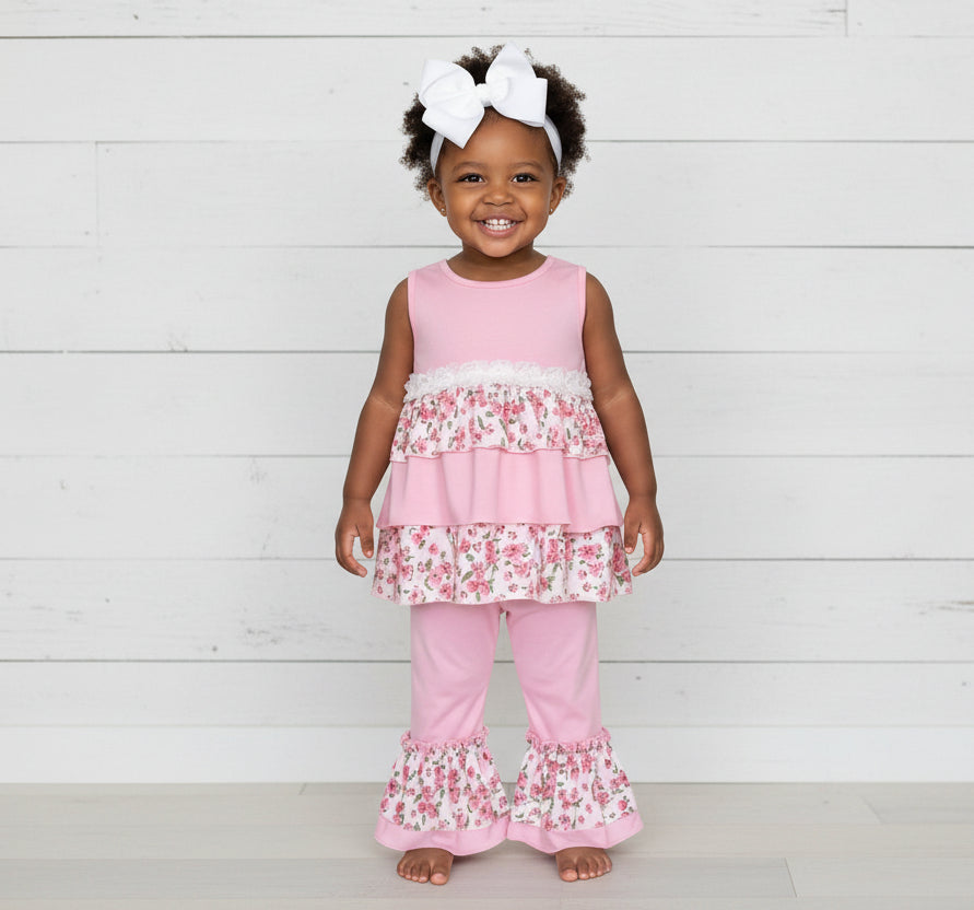 Boutique Pink Ruffle Flower Outfit, girl, set, kids , shabby chic