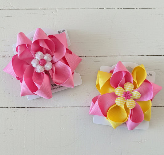 Pink & Yellow Flower Hair Bow, clip, girl