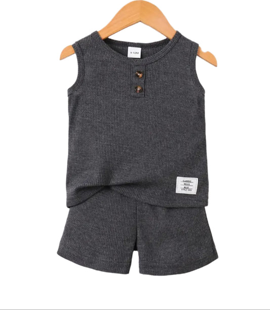 Dark Gray Waffle Weave Spring/Summer Outfit, kids, clothing, unisex, set