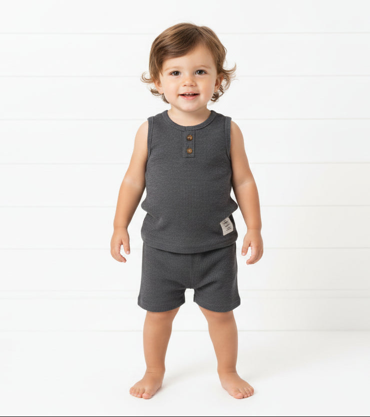 Dark Gray Waffle Weave Spring/Summer Outfit, kids, clothing, unisex, set
