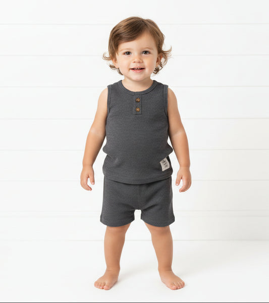 Dark Gray Waffle Weave Spring/Summer Outfit, kids, clothing, unisex, set