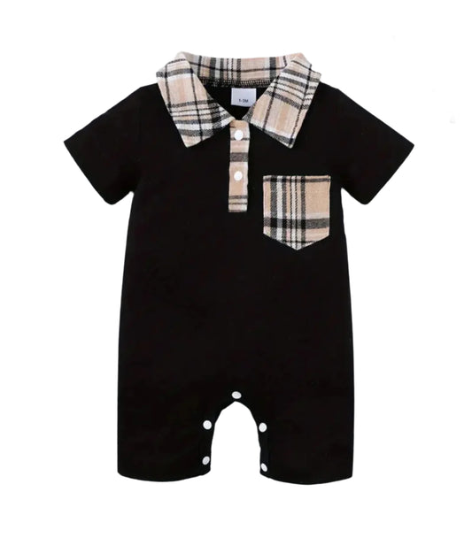 Black Short Sleeve Preppy Romper with Pocket, infant, clothing, baby, boy