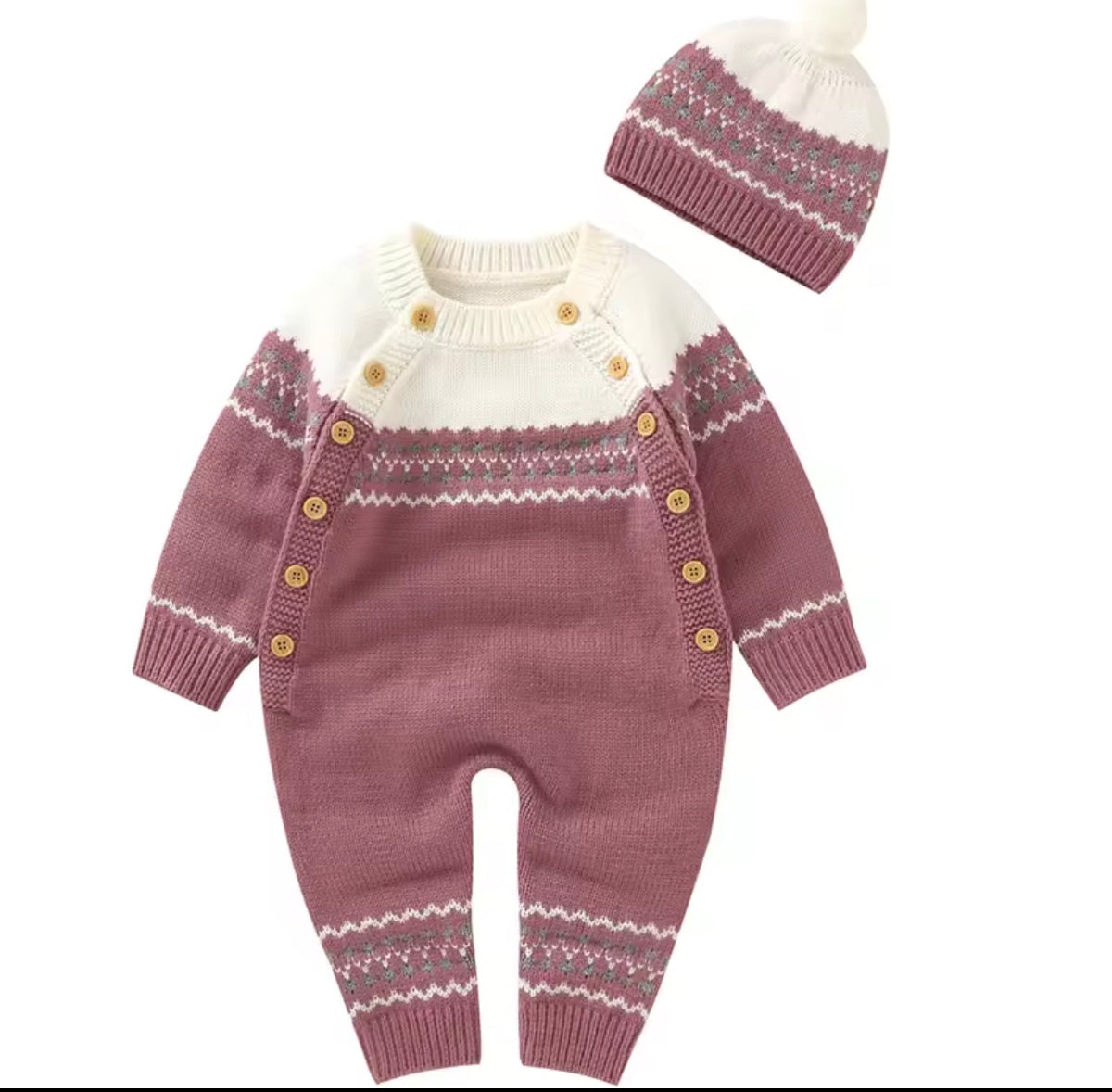 Argyle Knit Dusty Rose Unisex Romper with Matching Hat, Set, Kids, Winter