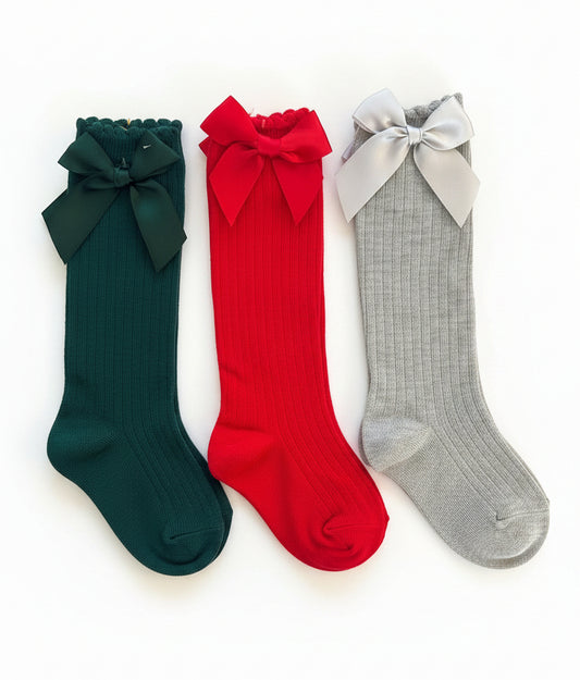 Ribbed Knee Socks with Bow, Kids, Red, Burgundy, girl, holiday, school