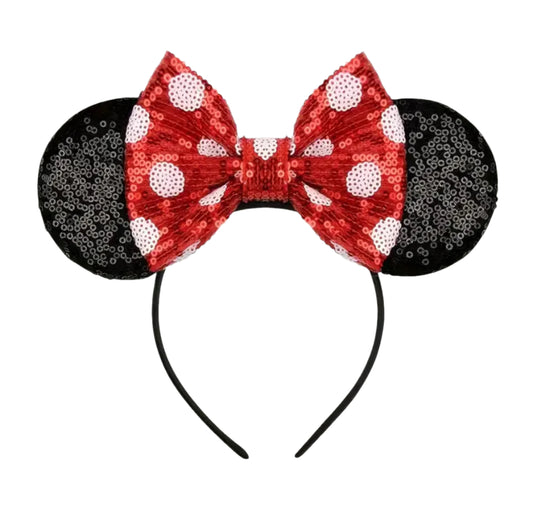 Minnie Sequin Mouse Ears Headband w/Red Polka Dot Bow, Vacation, kids, adult