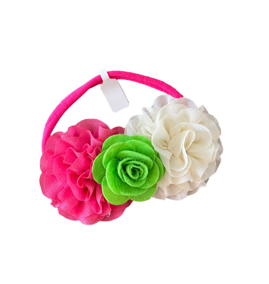Pink, Green & Cream Flower Nylon Headband, girl, stretch, baby, child