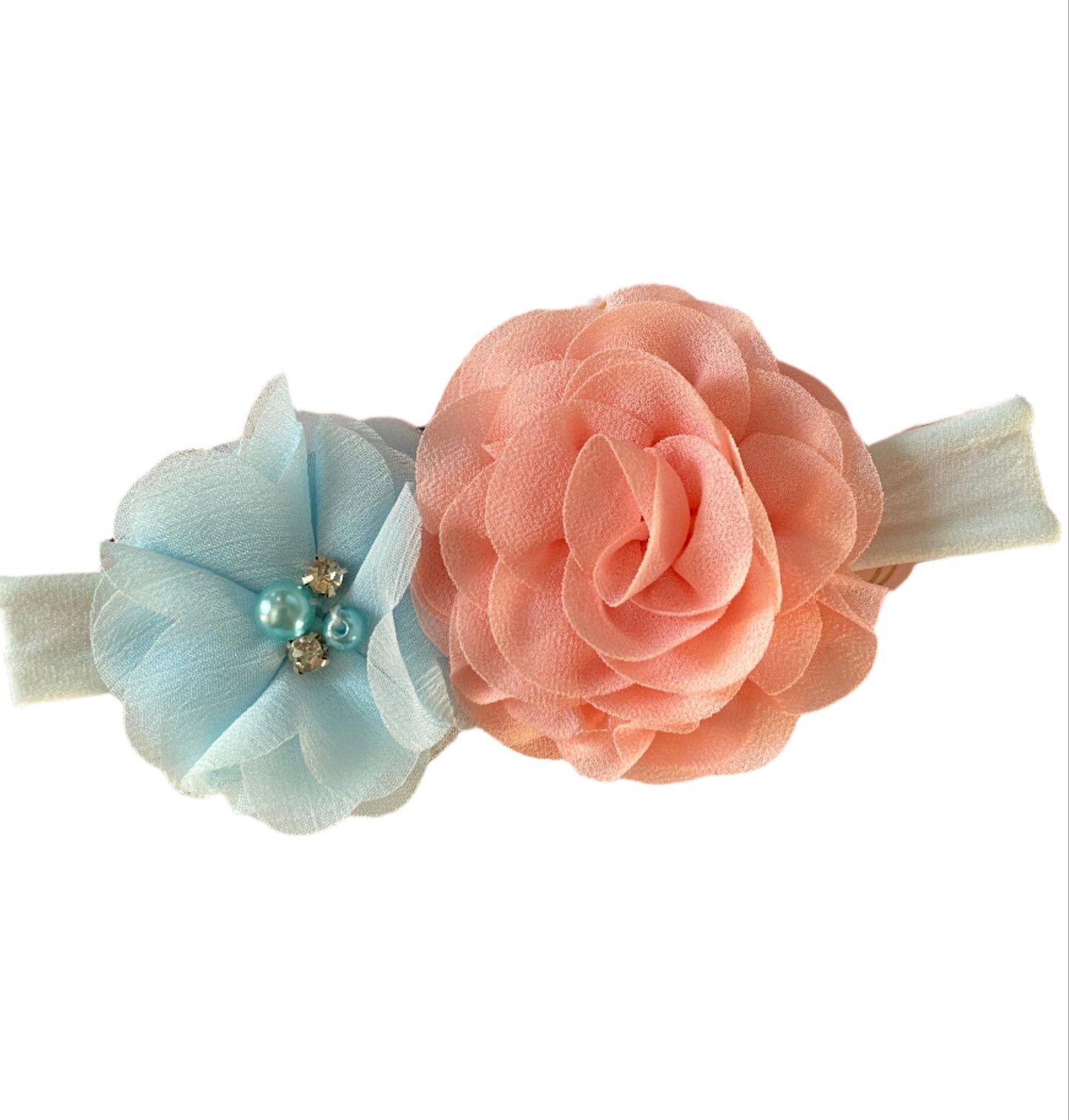 Peach & Light Blue Nylon Headband, girl, stretch, baby, child