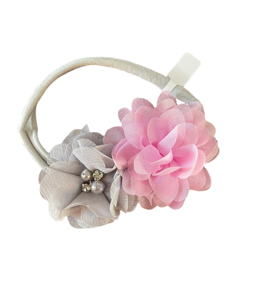 Gray & Peony Pink Flower Nylon Headband, girl, stretch, baby, child