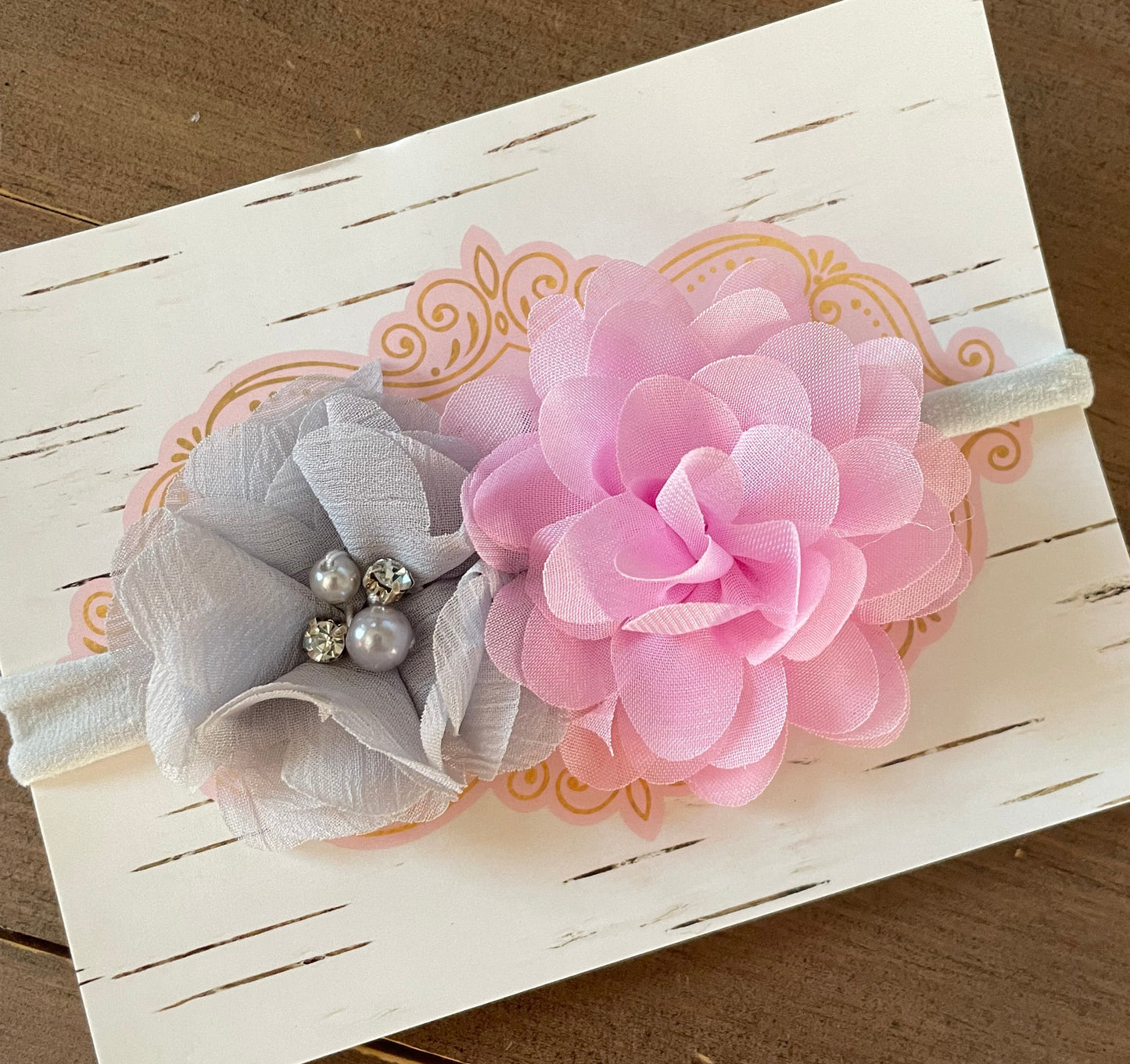 Gray & Peony Pink Flower Nylon Headband, girl, stretch, baby, child