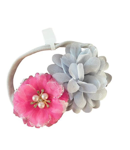 Gray & Bright Pink Flower Nylon Headband, girl, stretch, baby, child