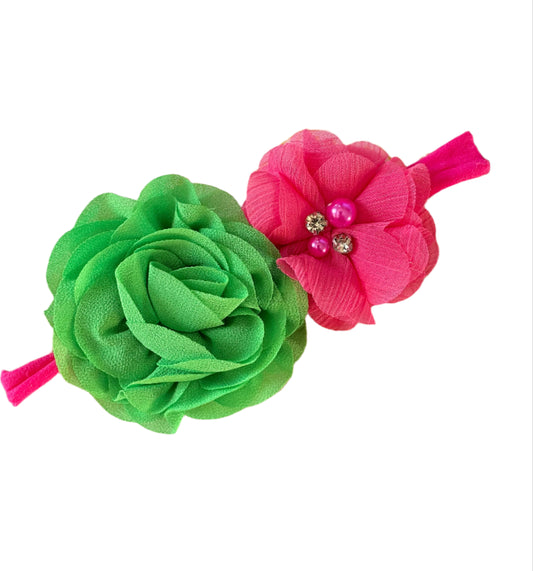 Pink & Green Chiffon Flower Nylon Headband, girl, stretch, baby, child