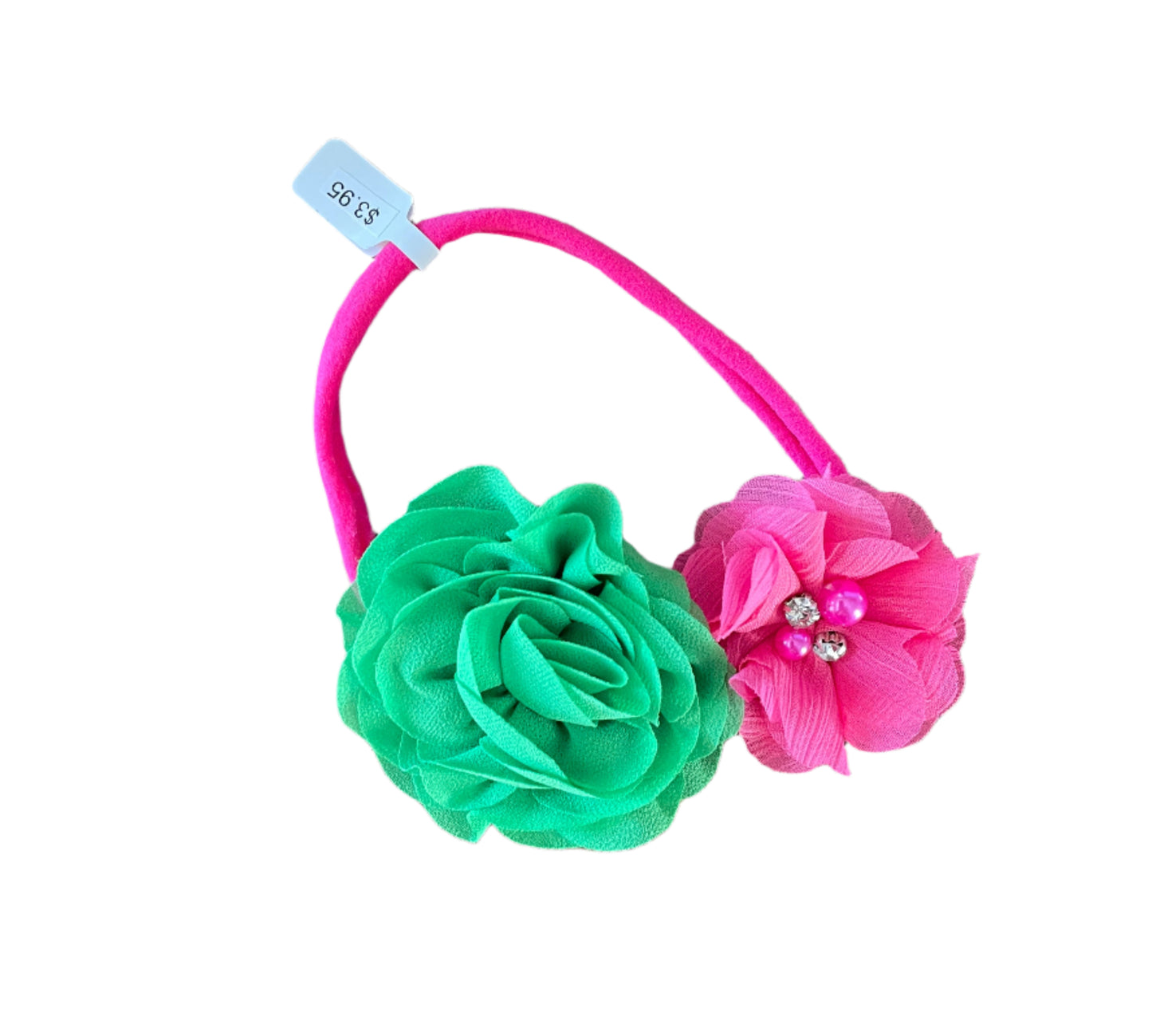 Pink & Green Chiffon Flower Nylon Headband, girl, stretch, baby, child