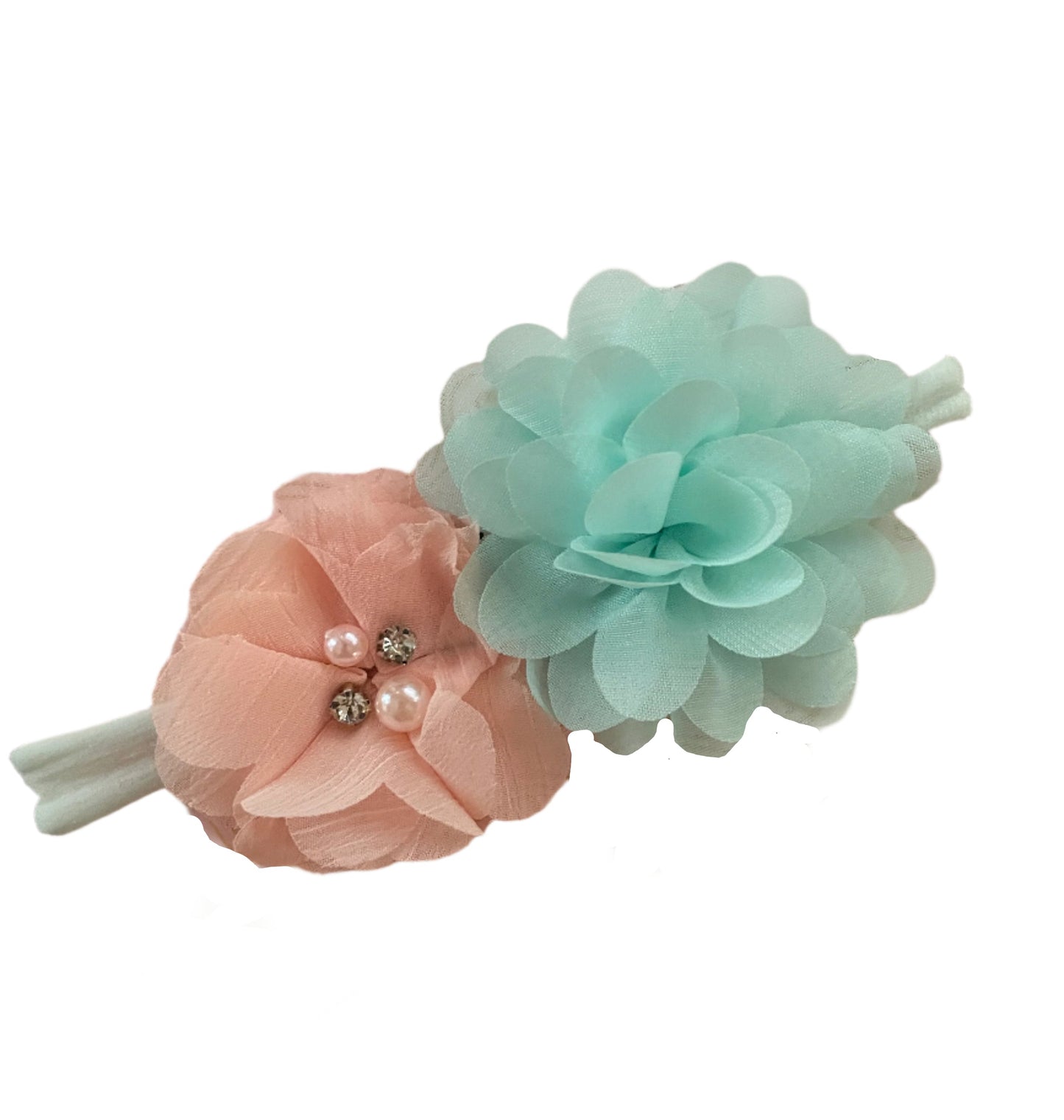 Aqua & Peach Flower Nylon Headband, girl, stretch, baby, child