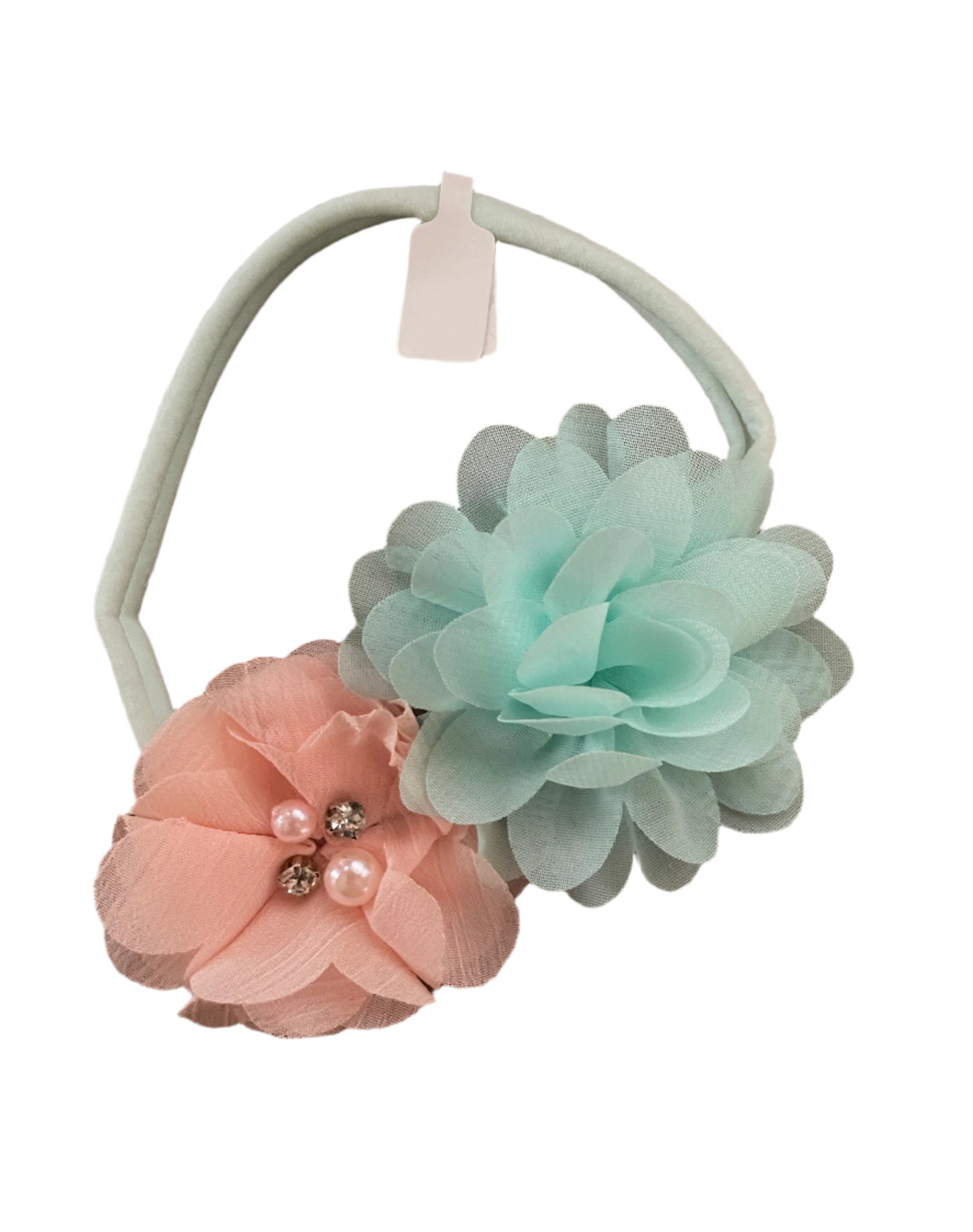 Aqua & Peach Flower Nylon Headband, girl, stretch, baby, child