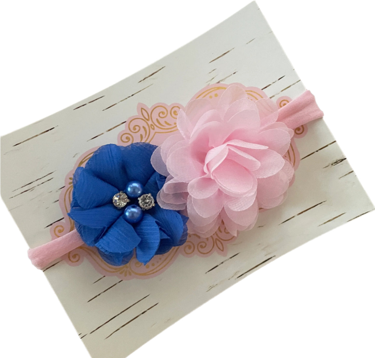Blue & Pink Flower Nylon Headband, girl, stretch, baby, child