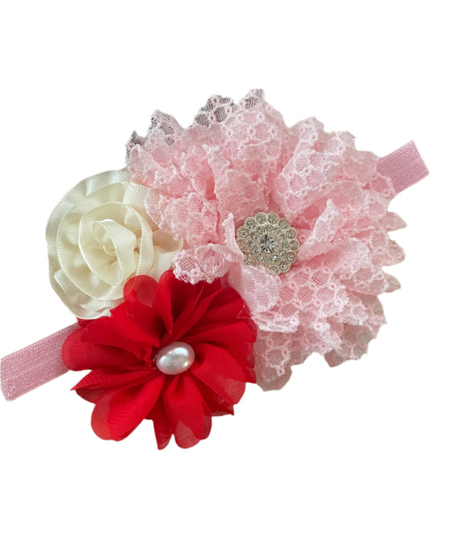 Boutique Pink, Cream & Red Flower Nylon Headband, girl, stretch, baby, child