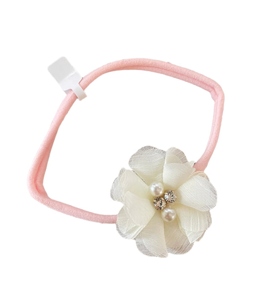 Cream Flower on Light Pink Nylon Headband, girl, stretch, baby, child