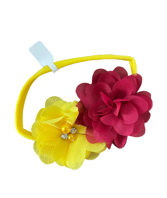 Wine & Yellow Chiffon Flower on Nylon Headband, baby, toddler, child, stretch