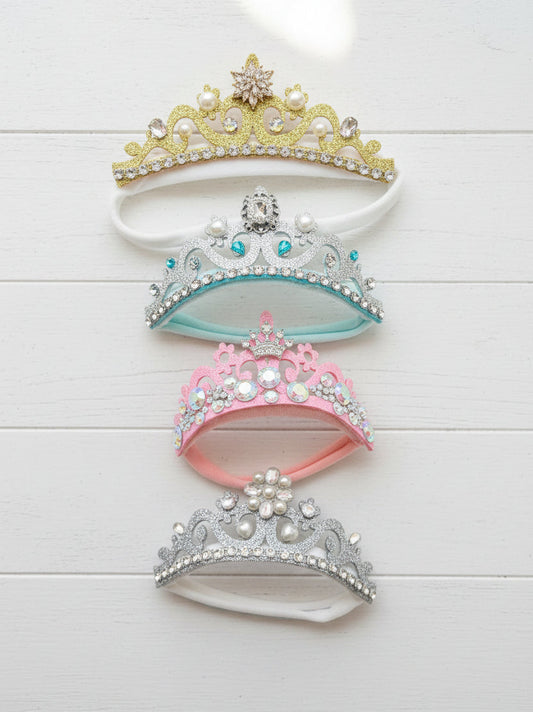 Glitter Rhinestone Crown on Stretch Headband, 4 Styles, Princess, birthday, girl, baby