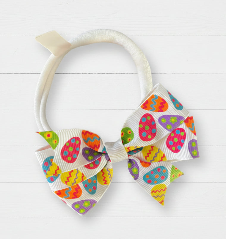 Colorful Easter Eggs Print Small Hair Bow on Nylon Headband, girl, holiday, stretch