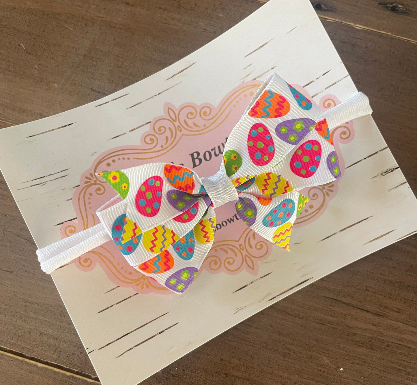 Colorful Easter Eggs Print Small Hair Bow on Nylon Headband, girl, holiday, stretch