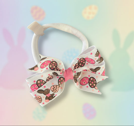 Bunny & Eggs Print Small Hair Bow on Nylon Headband, girl, holiday, stretch, Easter