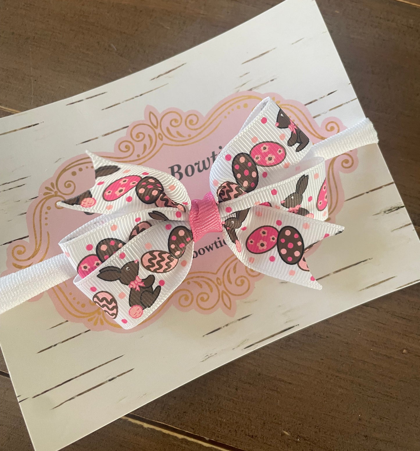 Bunny & Eggs Print Small Hair Bow on Nylon Headband, girl, holiday, stretch, Easter