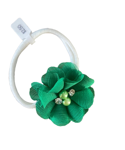 Green Flower on White Nylon Headband, girl, stretch, baby, child