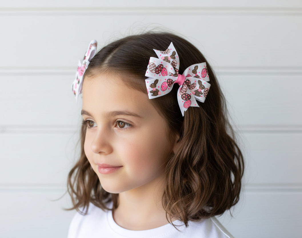 Brown & Pink Bunny/Eggs Hair Bow, girl, clip, Easter, accessory, kids