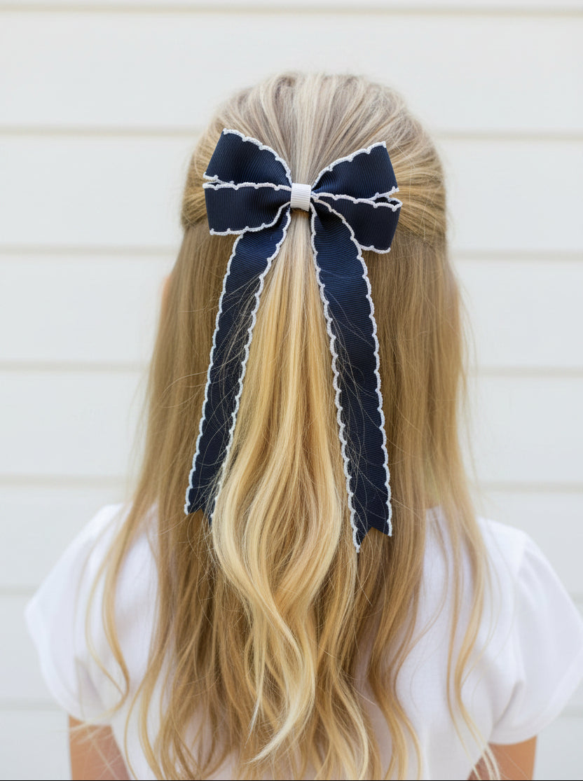 Navy Blue Moonstitch Tail Bow, girl, kids, accessories, hair
