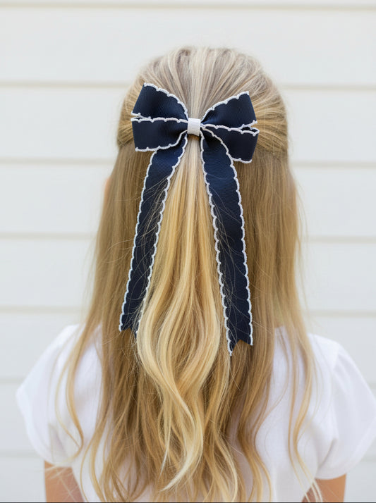 Navy Blue Moonstitch Tail Bow, girl, kids, accessories, hair