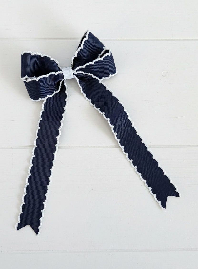 Navy Blue Moonstitch Tail Bow, girl, kids, accessories, hair