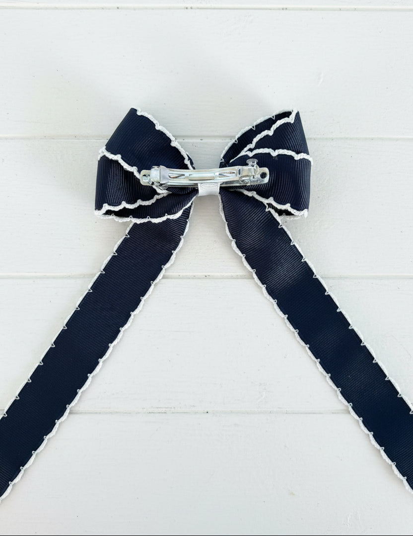 Navy Blue Moonstitch Tail Bow, girl, kids, accessories, hair