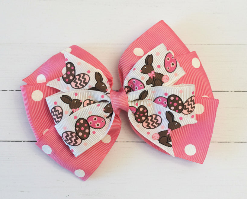 Pink Polka Dot Bunny Hair Bow, clip, girl, Easter, kids, eggs