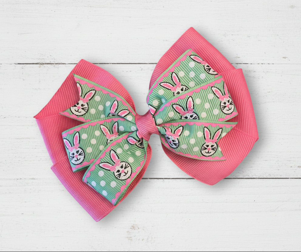 Green & Pink Bunny Hair Bow, clip, girl, Easter, kids