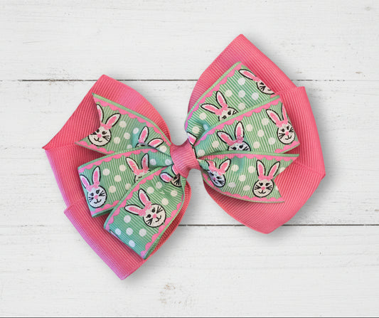 Green & Pink Bunny Hair Bow, clip, girl, Easter, kids