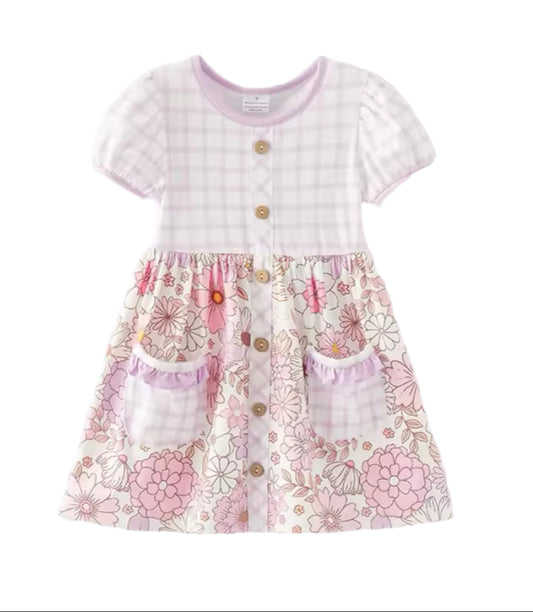 Purple & Pink Checks & Floral Dress, girl's, Milk Silk, kids, clothing, Mother's Day